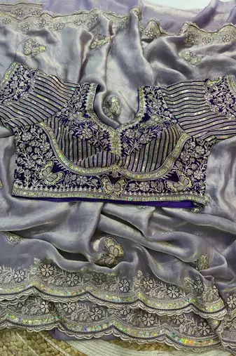 new fancy soft fendy satin embroidered work saree with blouse