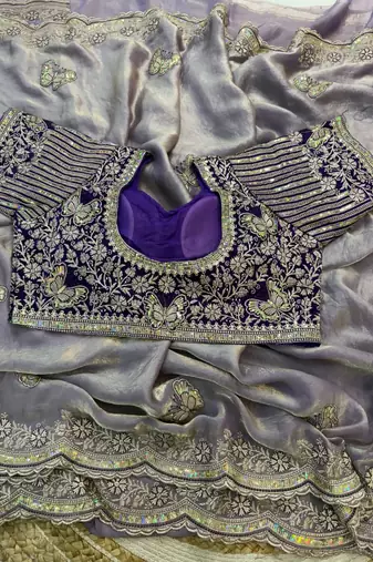 new fancy soft fendy satin embroidered work saree with blouse