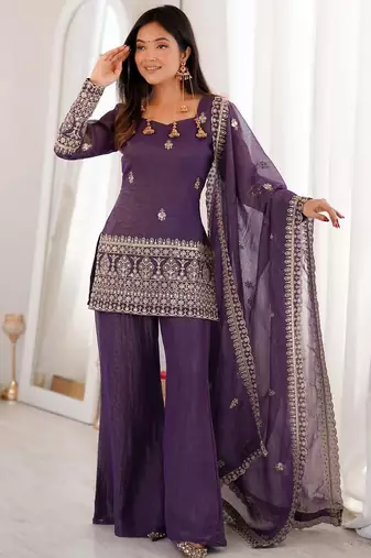 Purple Embroidered Kurta Palazzo Set with Designer Dupatta | Women’s Ethnic Wear