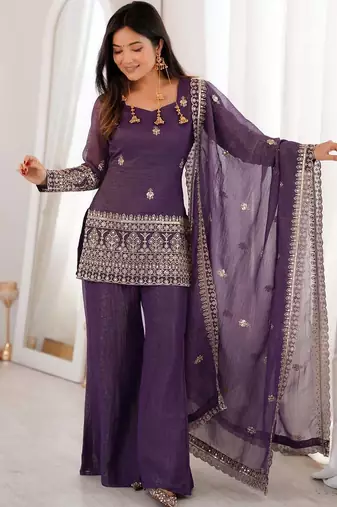 Purple Embroidered Kurta Palazzo Set with Designer Dupatta | Women’s Ethnic Wear
