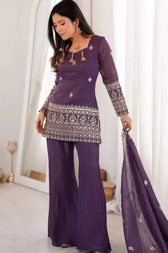 Purple Embroidered Kurta Palazzo Set with Designer Dupatta | Women’s Ethnic Wear