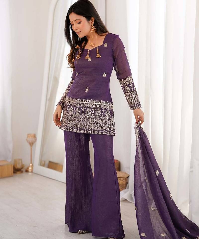 Purple Embroidered Kurta Palazzo Set with Designer Dupatta | Women’s Ethnic Wear