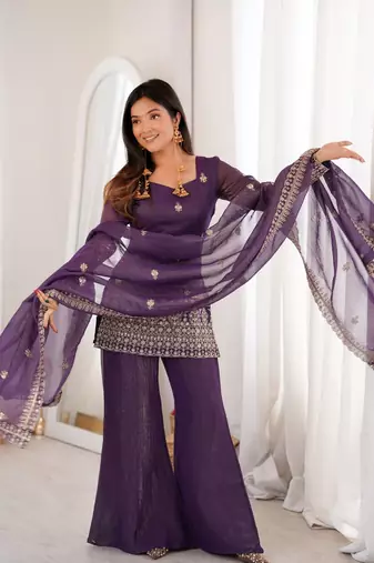 Purple Embroidered Kurta Palazzo Set with Designer Dupatta | Women’s Ethnic Wear