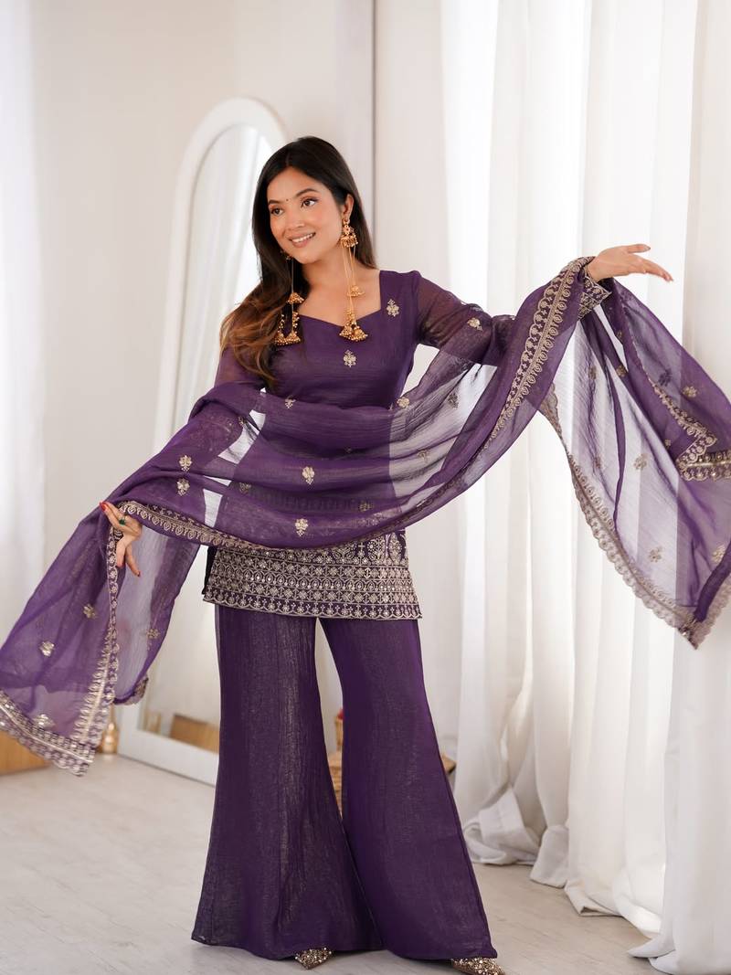 Purple Embroidered Kurta Palazzo Set with Designer Dupatta | Women’s Ethnic Wear