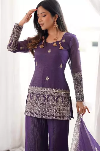 Purple Embroidered Kurta Palazzo Set with Designer Dupatta | Women’s Ethnic Wear