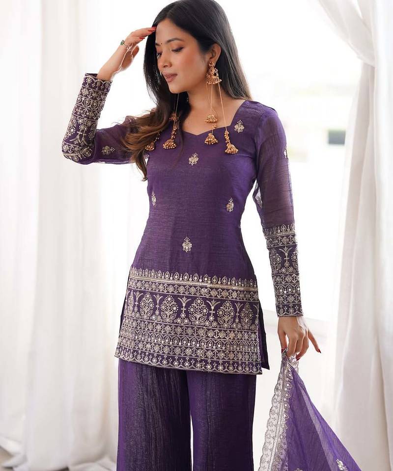 Purple Embroidered Kurta Palazzo Set with Designer Dupatta | Women’s Ethnic Wear
