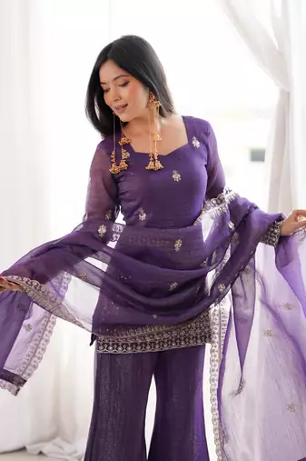 Purple Embroidered Kurta Palazzo Set with Designer Dupatta | Women’s Ethnic Wear