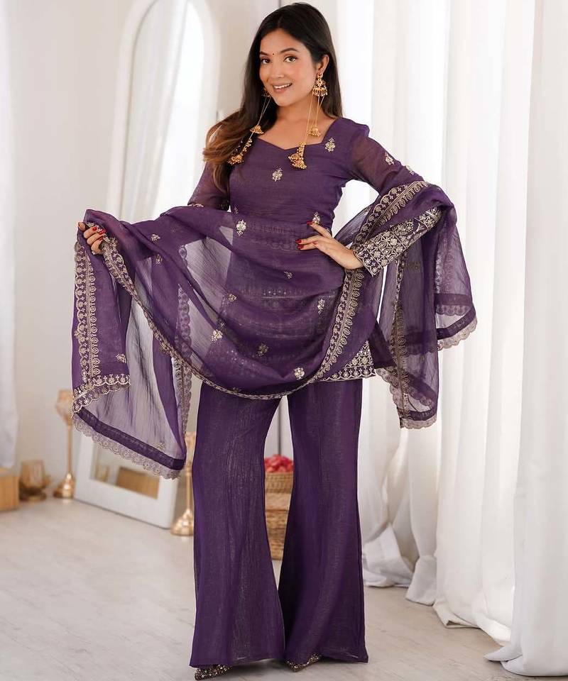 Purple Embroidered Kurta Palazzo Set with Designer Dupatta | Women’s Ethnic Wear