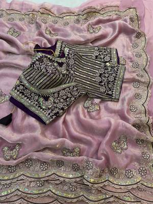 new soft fendy satin embroidered work women's saree with blouse 1