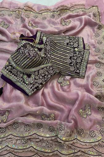 new soft fendy satin embroidered work women's saree with blouse