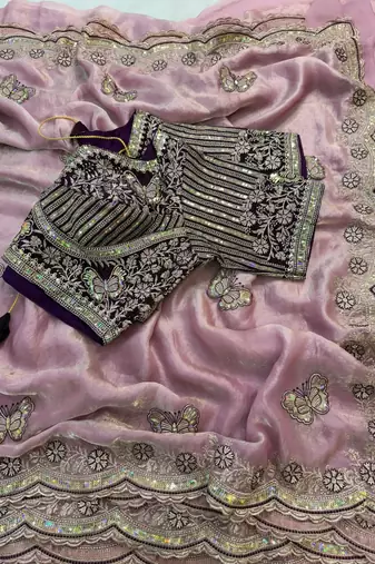 new soft fendy satin embroidered work women's saree with blouse