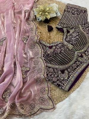 new soft fendy satin embroidered work women's saree with blouse 2
