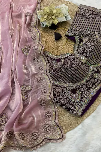 new soft fendy satin embroidered work women's saree with blouse
