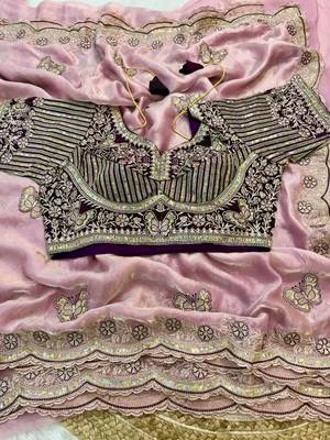 new soft fendy satin embroidered work women's saree with blouse 3