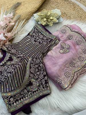 new soft fendy satin embroidered work women's saree with blouse 4
