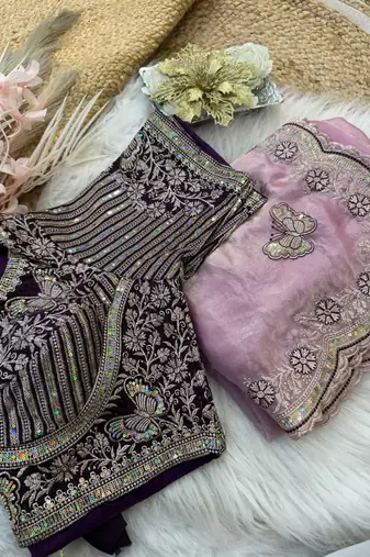 new soft fendy satin embroidered work women's saree with blouse