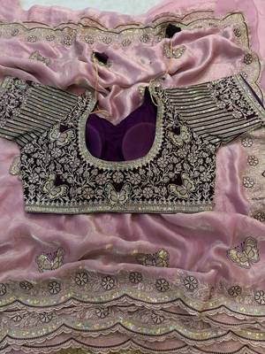 new soft fendy satin embroidered work women's saree with blouse 5