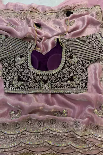 new soft fendy satin embroidered work women's saree with blouse