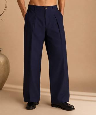 Navy blue solid cotton silk trouser 1