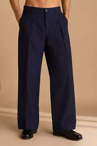 Navy blue solid cotton silk trouser