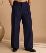 Navy blue solid cotton silk trouser