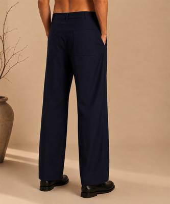 Navy blue solid cotton silk trouser 2