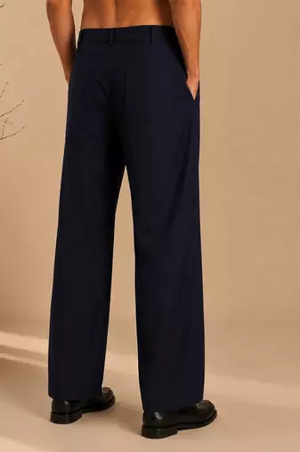 Navy blue solid cotton silk trouser
