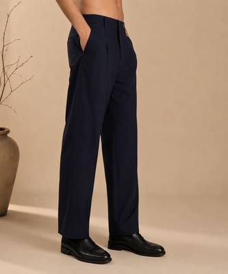Navy blue solid cotton silk trouser 3
