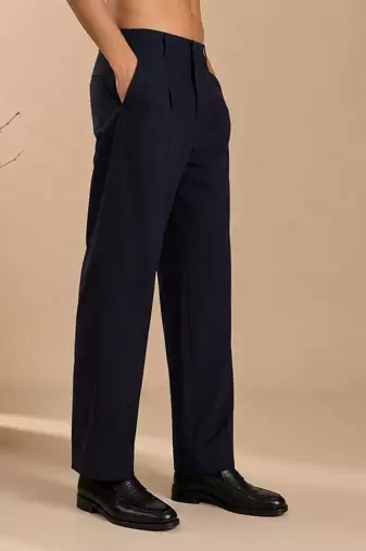 Navy blue solid cotton silk trouser