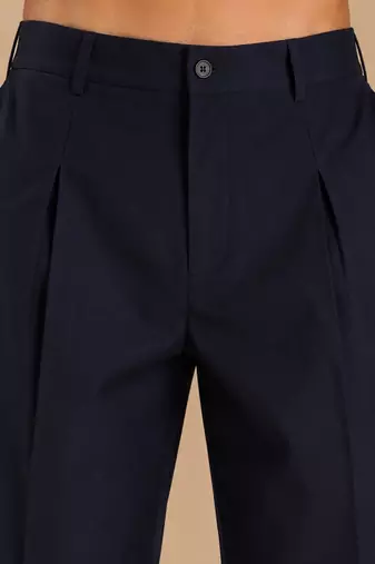 Navy blue solid cotton silk trouser