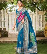 Women's blue jacquard silk blend saree with zari floral border festive wear