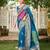 Women's blue jacquard silk blend saree with zari floral border festive wear