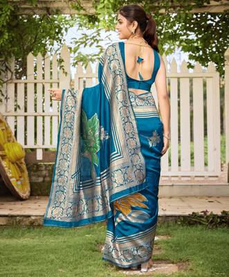 Women's blue jacquard silk blend saree with zari floral border festive wear 2