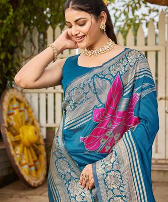 Women's blue jacquard silk blend saree with zari floral border festive wear 3