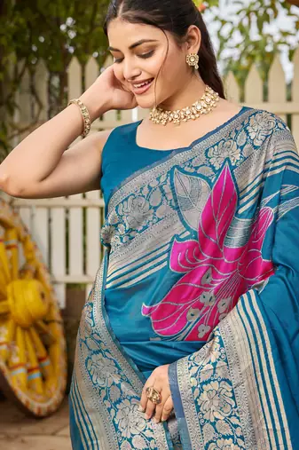 Women's blue jacquard silk blend saree with zari floral border festive wear