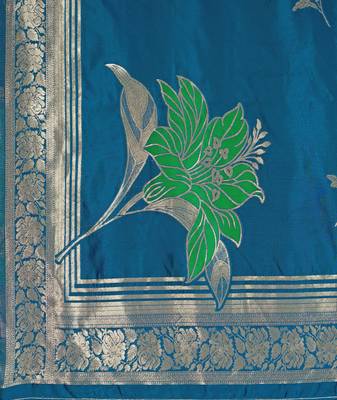 Women's blue jacquard silk blend saree with zari floral border festive wear 5