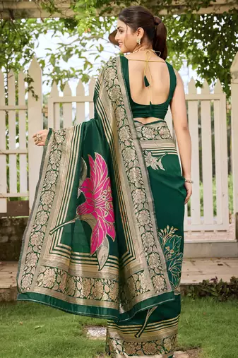 Women's green jacquard silk blend saree with zari floral border festive
