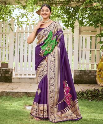 Women's purple jacquard silk blend saree with zari floral border festive 1