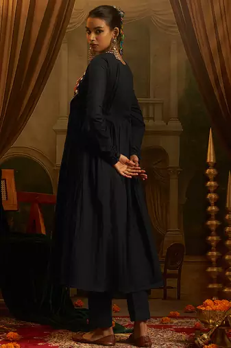 Black mul cotton anarkali gown featuring intricate handwork geometric embroidery, colourful yoke detailing.