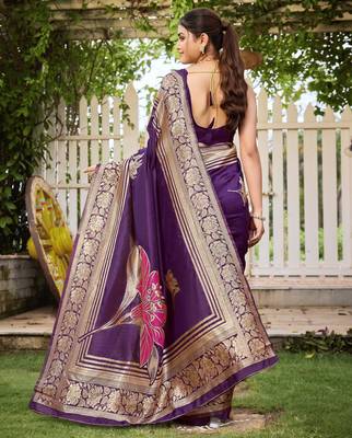 Women's purple jacquard silk blend saree with zari floral border festive 2