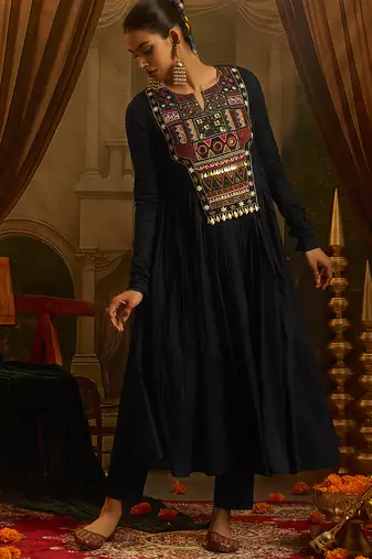 Black mul cotton anarkali gown featuring intricate handwork geometric embroidery, colourful yoke detailing.