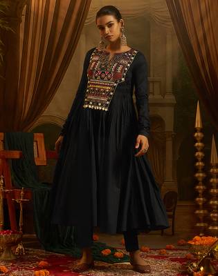 Black mul cotton anarkali gown featuring intricate handwork geometric embroidery, colourful yoke detailing. 3