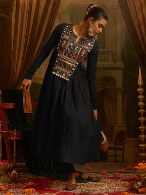 Black mul cotton anarkali gown featuring intricate handwork geometric embroidery, colourful yoke detailing. 4