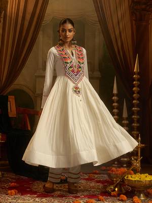 White mul cotton anarkali set featuring intricate multicolour hand embroidery. 3