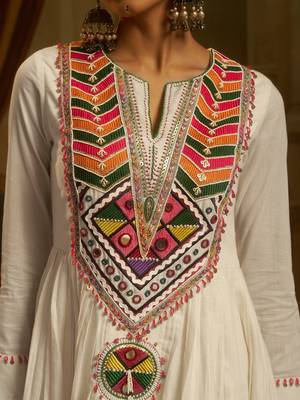 White mul cotton anarkali set featuring intricate multicolour hand embroidery. 4