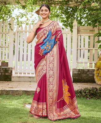 Women's red jacquard silk blend saree with zari floral border festive wear 1