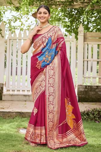 Women's red jacquard silk blend saree with zari floral border festive wear
