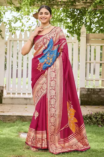 Women's red jacquard silk blend saree with zari floral border festive wear