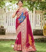 Women's red jacquard silk blend saree with zari floral border festive wear
