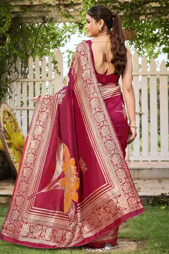 Women's red jacquard silk blend saree with zari floral border festive wear